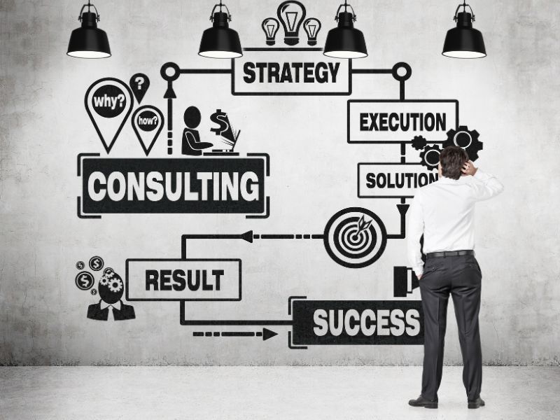 schema grafico della guida alla consulenza aziendale, davanti un uomo la guarda