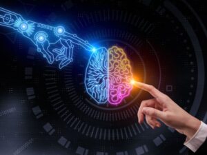 mano umana tocca cervello grafico toccato da mano robotica a simbolo della hybrid intelligence