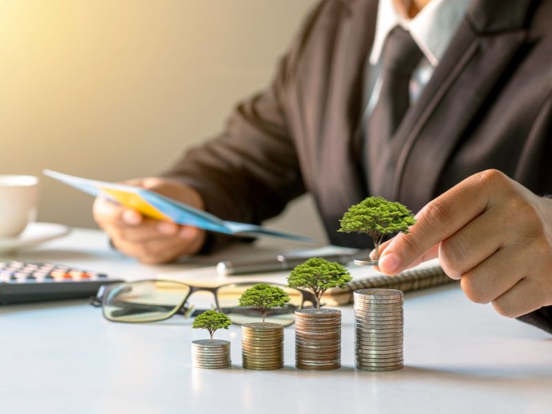 uomo con monete e alberi sopra a simboleggiare la crescita aziendale delle PMI